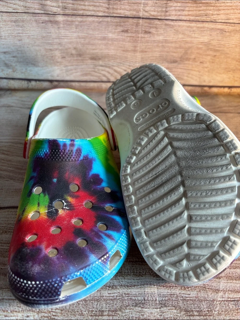 CROCS Kids Rainbow Tie-Dye Clogs with White Strap